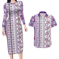 Hawaii Makahiki Turtle Couples Matching Long Sleeve Bodycon Dress and Hawaiian Shirt Violet Tapa Pattern - Polynesian Pride