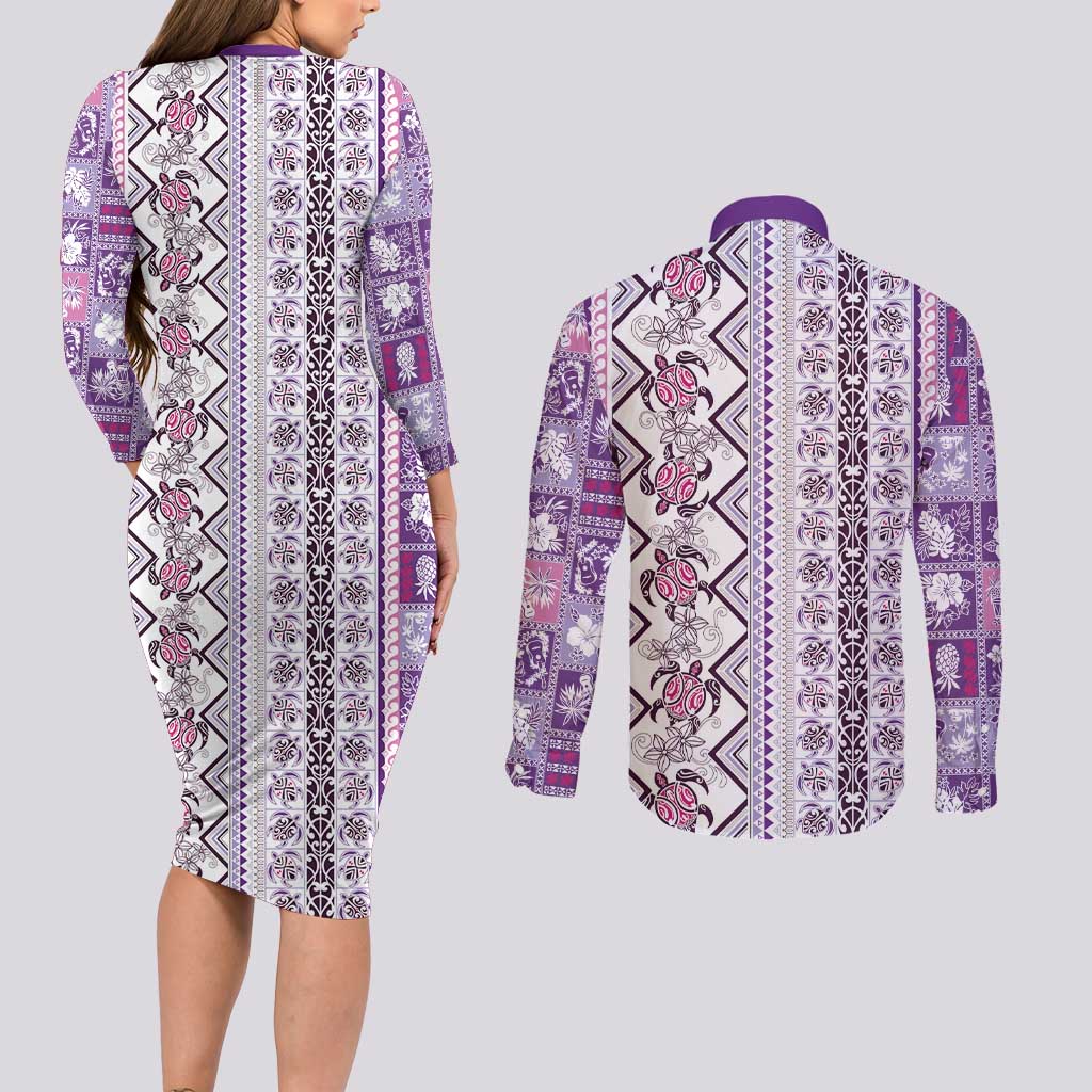Hawaii Makahiki Turtle Couples Matching Long Sleeve Bodycon Dress and Long Sleeve Button Shirt Violet Tapa Pattern - Polynesian Pride