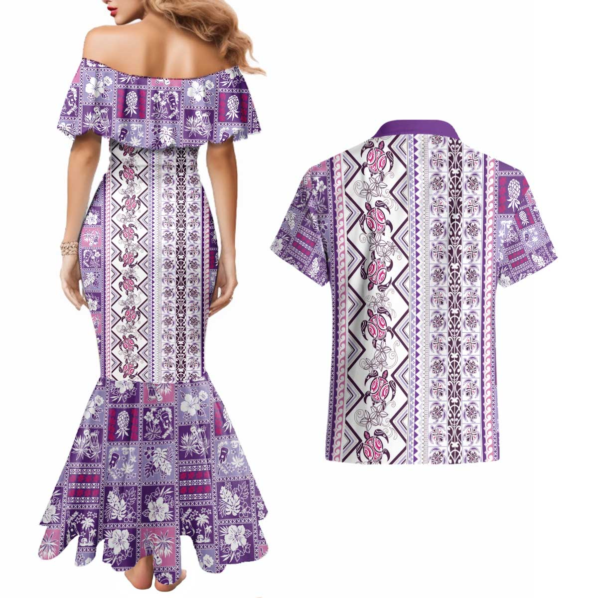 Hawaii Makahiki Turtle Couples Matching Mermaid Dress and Hawaiian Shirt Violet Tapa Pattern - Polynesian Pride