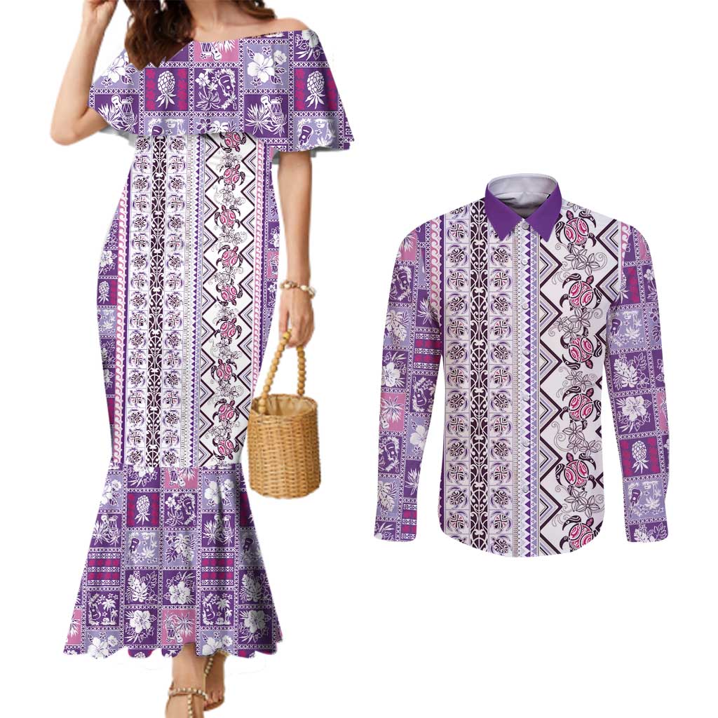Hawaii Makahiki Turtle Couples Matching Mermaid Dress and Long Sleeve Button Shirt Violet Tapa Pattern - Polynesian Pride