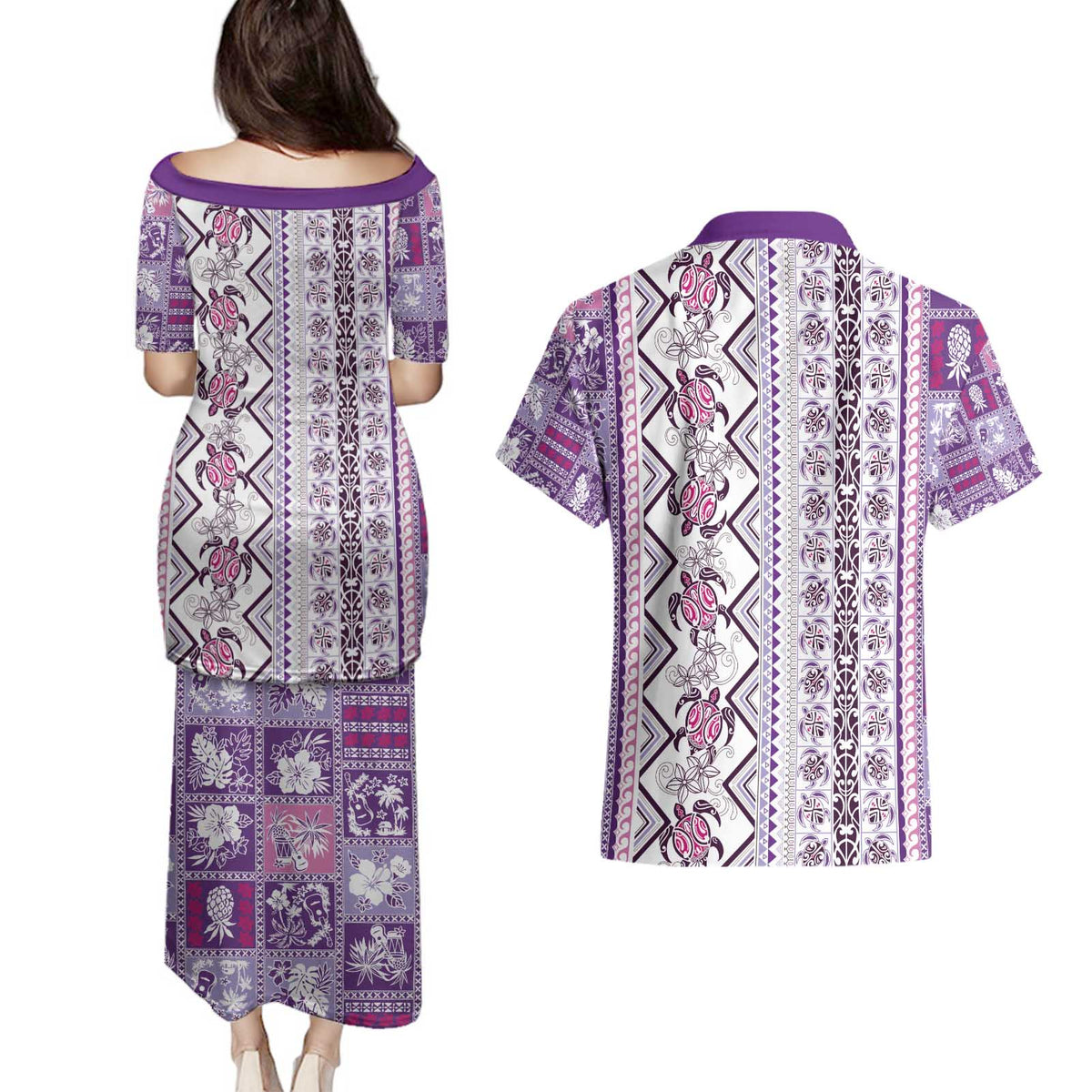 Hawaii Makahiki Turtle Couples Matching Puletasi and Hawaiian Shirt Violet Tapa Pattern - Polynesian Pride