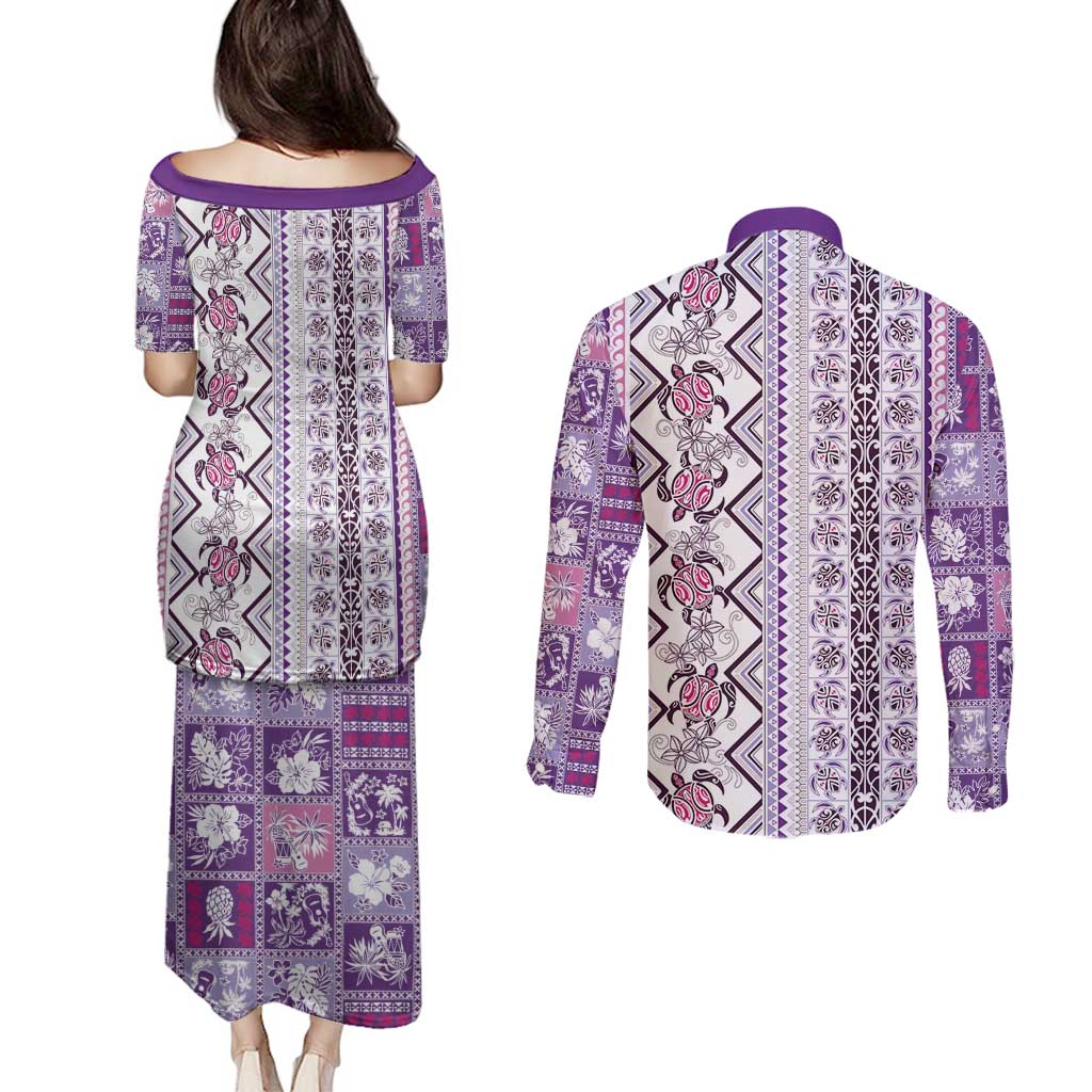 Hawaii Makahiki Turtle Couples Matching Puletasi and Long Sleeve Button Shirt Violet Tapa Pattern - Polynesian Pride