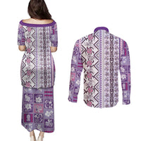 Hawaii Makahiki Turtle Couples Matching Puletasi and Long Sleeve Button Shirt Violet Tapa Pattern - Polynesian Pride