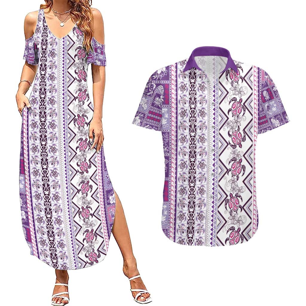 Hawaii Makahiki Turtle Couples Matching Summer Maxi Dress and Hawaiian Shirt Violet Tapa Pattern - Polynesian Pride