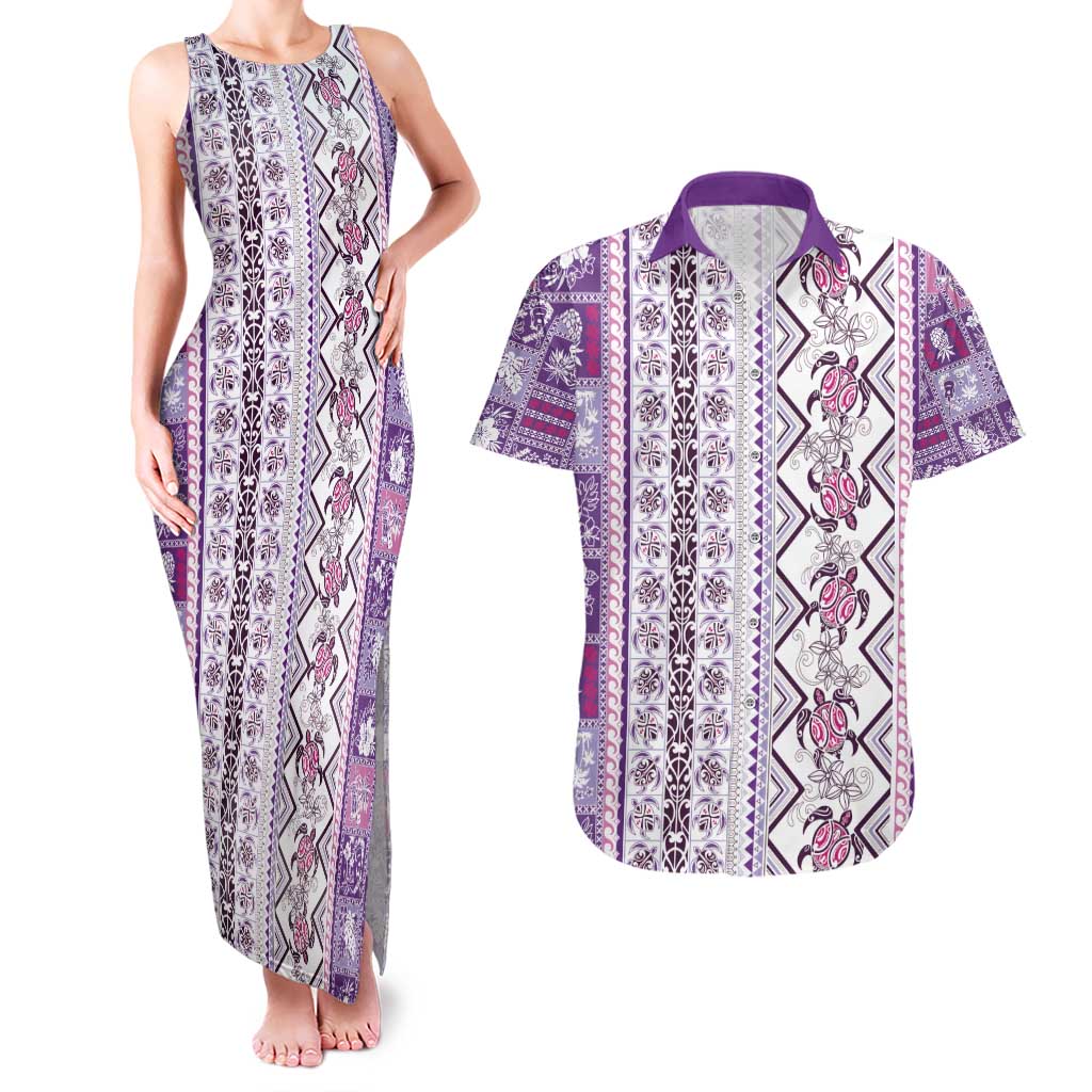 Hawaii Makahiki Turtle Couples Matching Tank Maxi Dress and Hawaiian Shirt Violet Tapa Pattern - Polynesian Pride