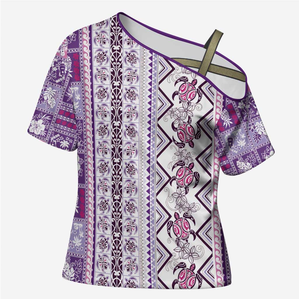 Hawaii Makahiki Turtle Cross Shoulder Shirt Violet Tapa Pattern - Polynesian Pride