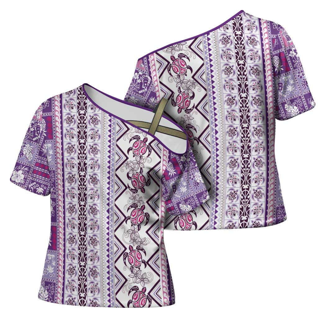 Hawaii Makahiki Turtle Cross Shoulder Shirt Violet Tapa Pattern - Polynesian Pride
