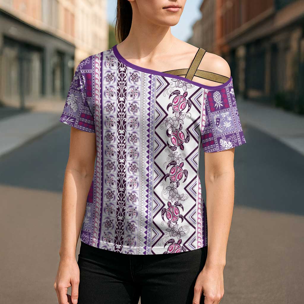Hawaii Makahiki Turtle Cross Shoulder Shirt Violet Tapa Pattern - Polynesian Pride