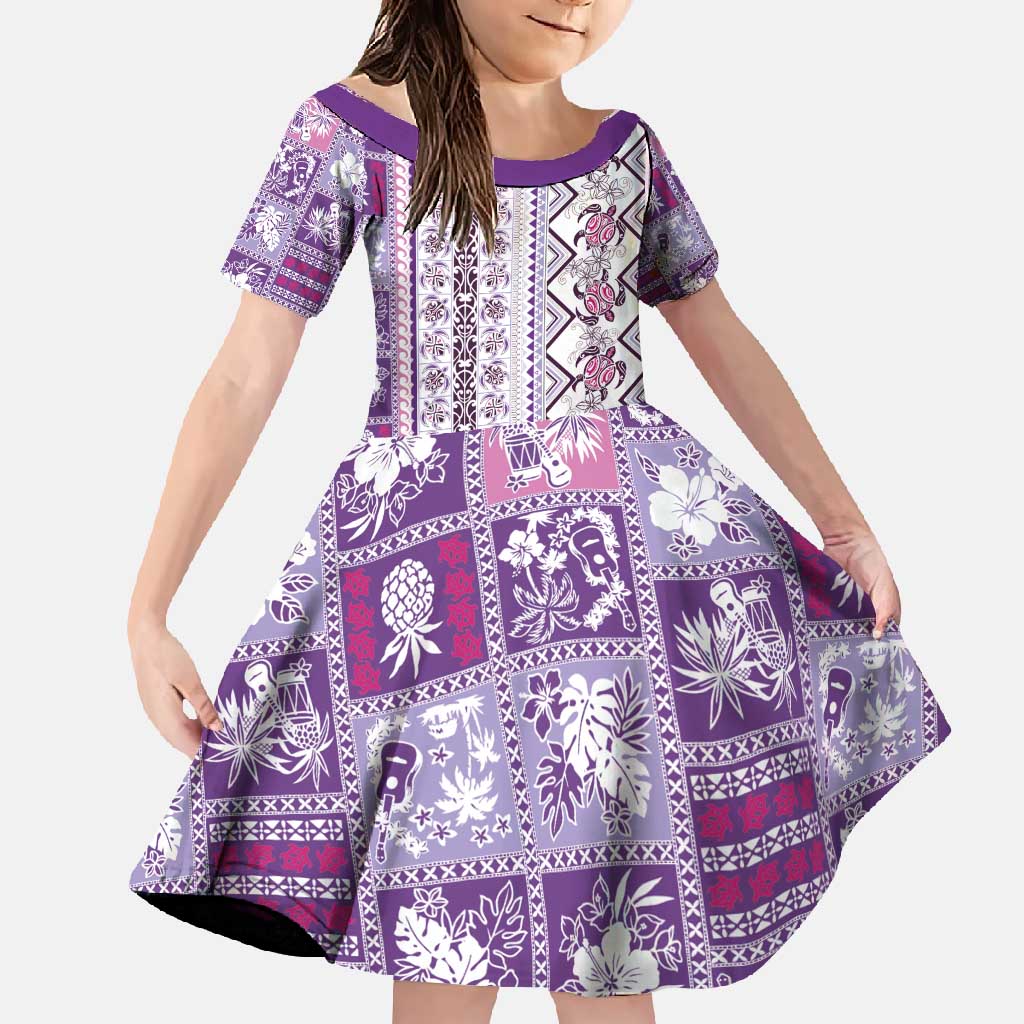 Hawaii Makahiki Turtle Family Matching Long Sleeve Bodycon Dress and Hawaiian Shirt Violet Tapa Pattern - Polynesian Pride