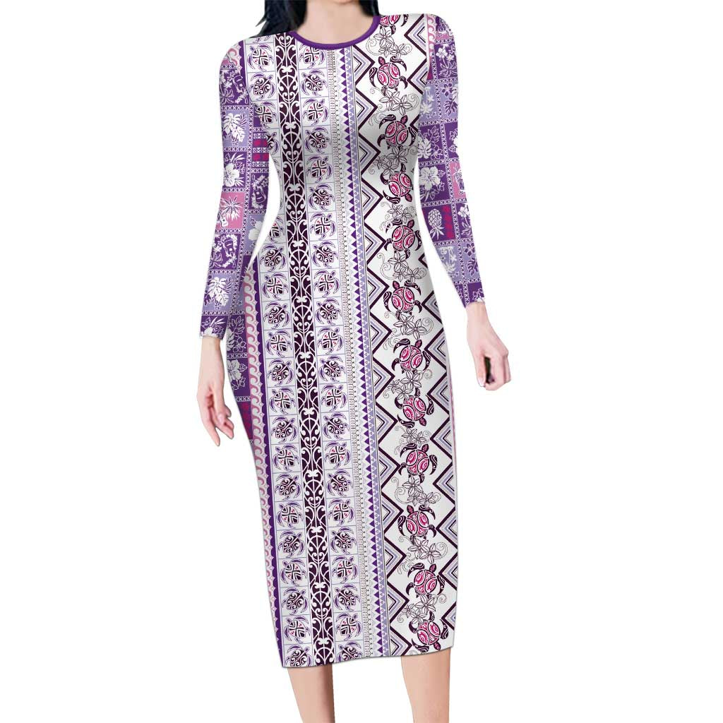Hawaii Makahiki Turtle Family Matching Long Sleeve Bodycon Dress and Hawaiian Shirt Violet Tapa Pattern - Polynesian Pride