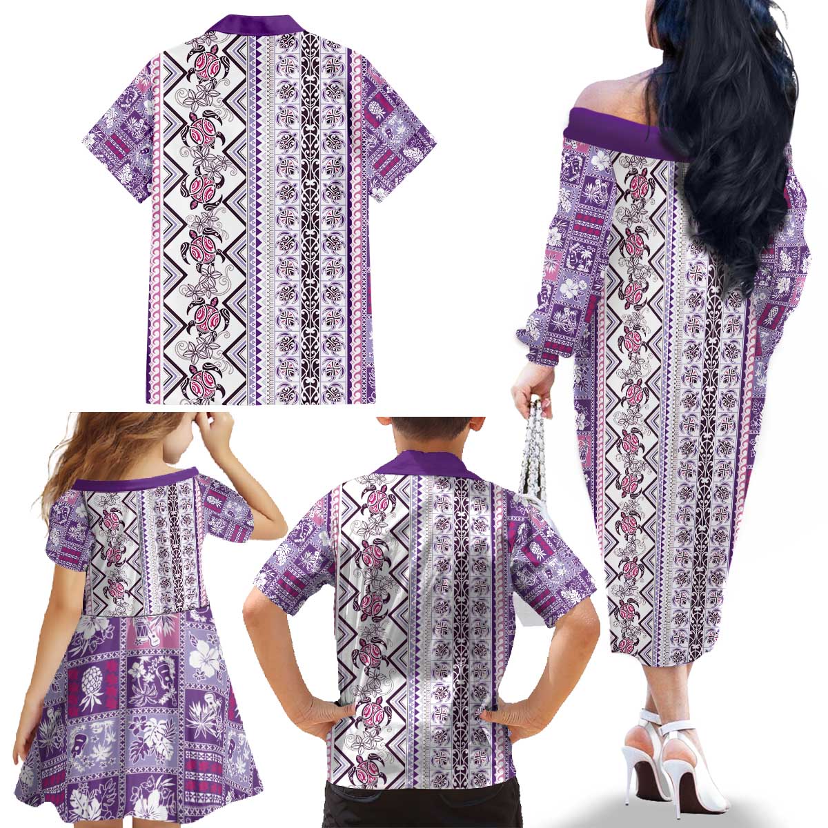 Hawaii Makahiki Turtle Family Matching Off The Shoulder Long Sleeve Dress and Hawaiian Shirt Violet Tapa Pattern - Polynesian Pride