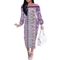 Hawaii Makahiki Turtle Family Matching Off The Shoulder Long Sleeve Dress and Hawaiian Shirt Violet Tapa Pattern - Polynesian Pride