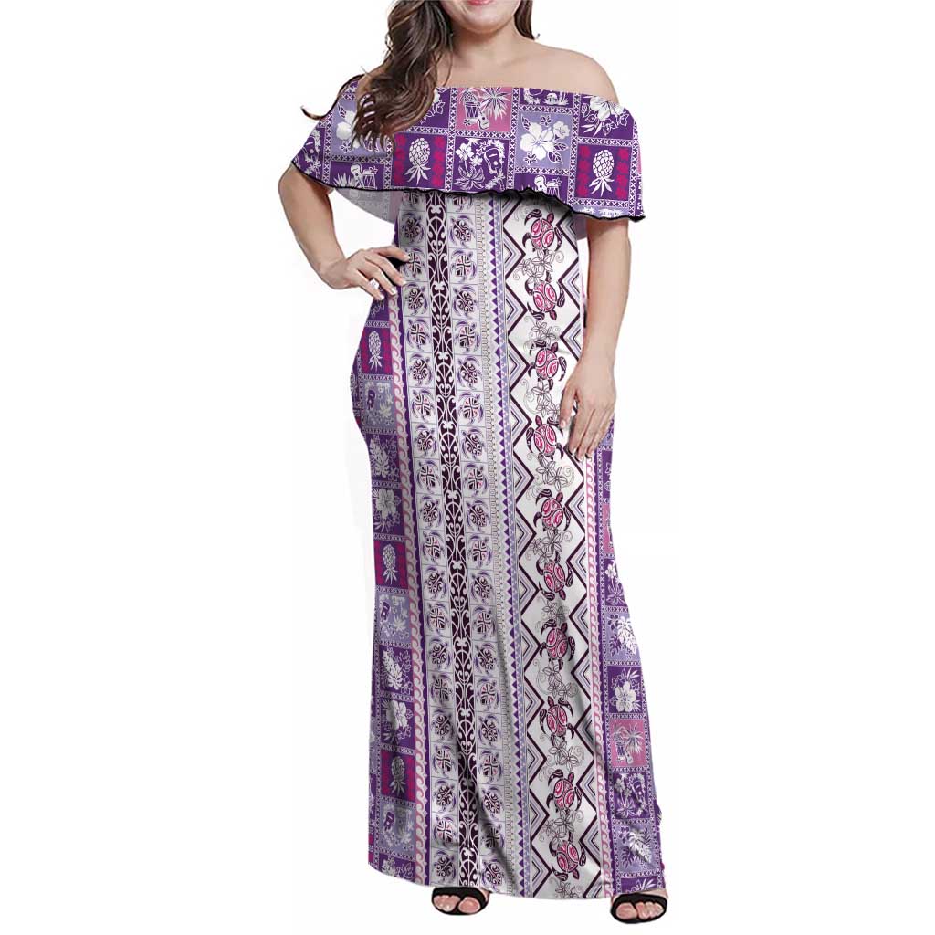 Hawaii Makahiki Turtle Family Matching Off Shoulder Maxi Dress and Hawaiian Shirt Violet Tapa Pattern - Polynesian Pride