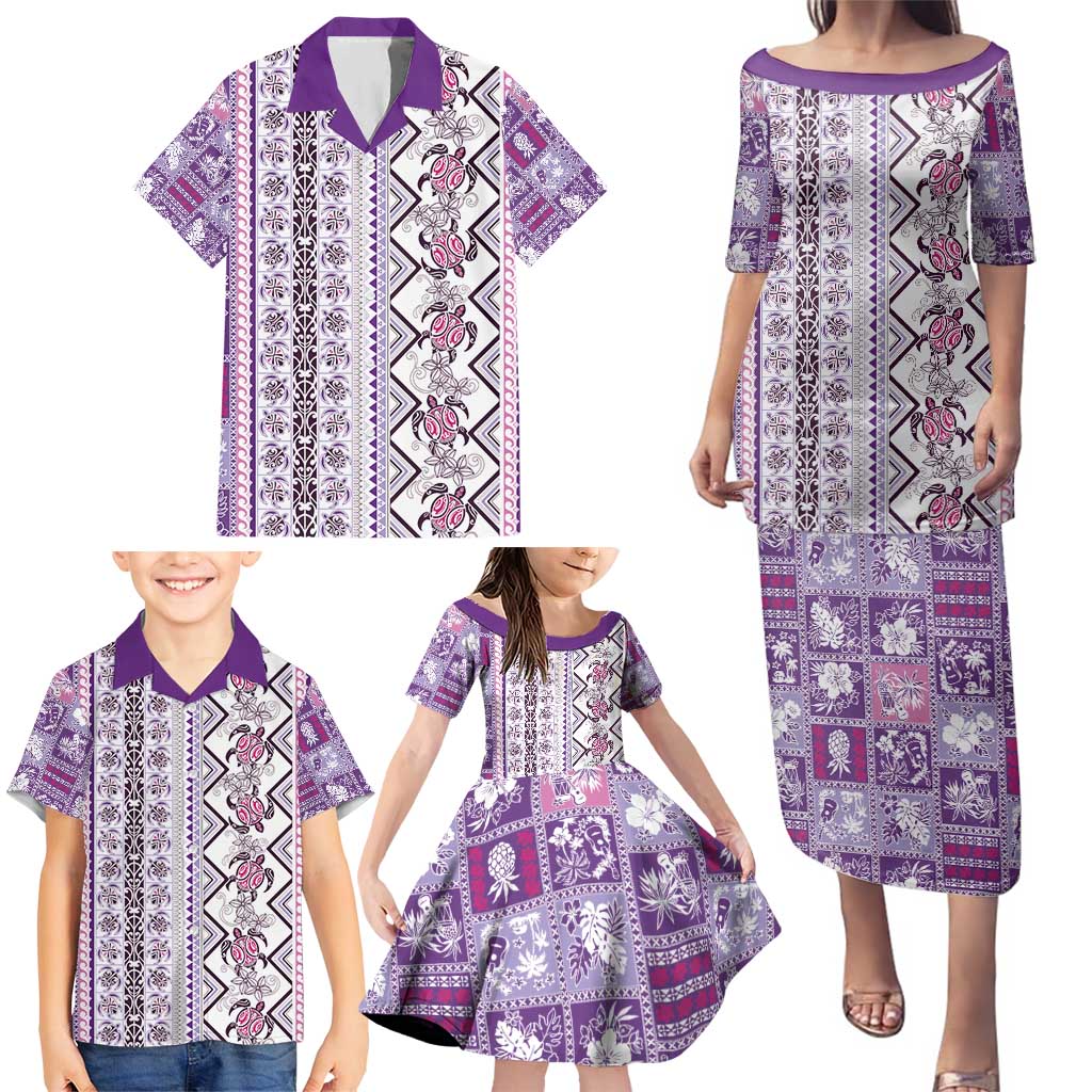Hawaii Makahiki Turtle Family Matching Puletasi and Hawaiian Shirt Violet Tapa Pattern - Polynesian Pride
