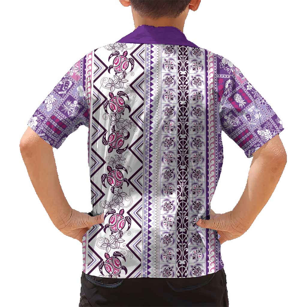 Hawaii Makahiki Turtle Family Matching Short Sleeve Bodycon Dress and Hawaiian Shirt Violet Tapa Pattern - Polynesian Pride