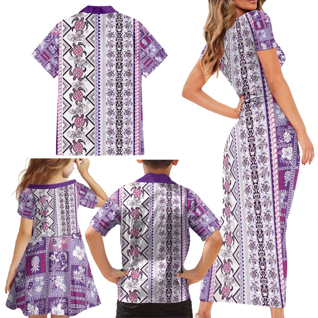 Hawaii Makahiki Turtle Family Matching Short Sleeve Bodycon Dress and Hawaiian Shirt Violet Tapa Pattern - Polynesian Pride