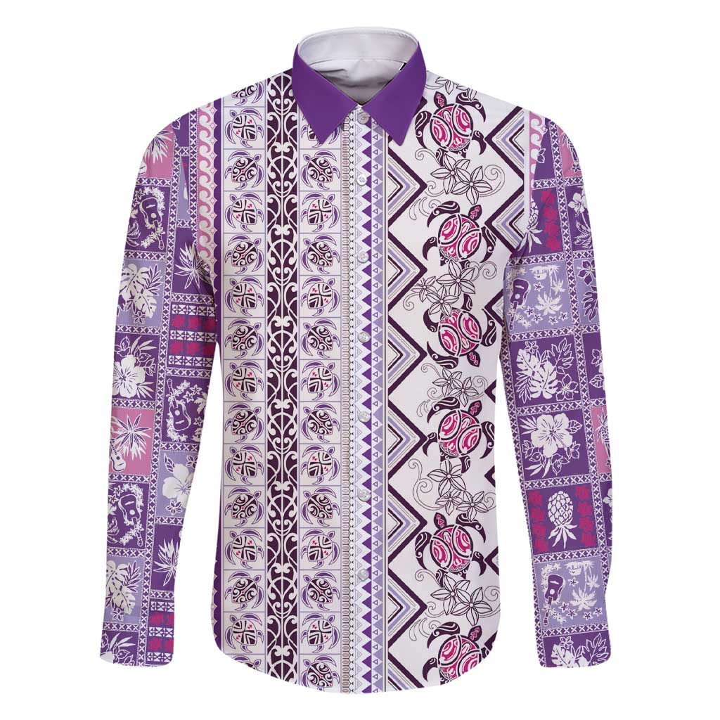 Hawaii Makahiki Turtle Family Matching Short Sleeve Bodycon Dress and Hawaiian Shirt Violet Tapa Pattern - Polynesian Pride