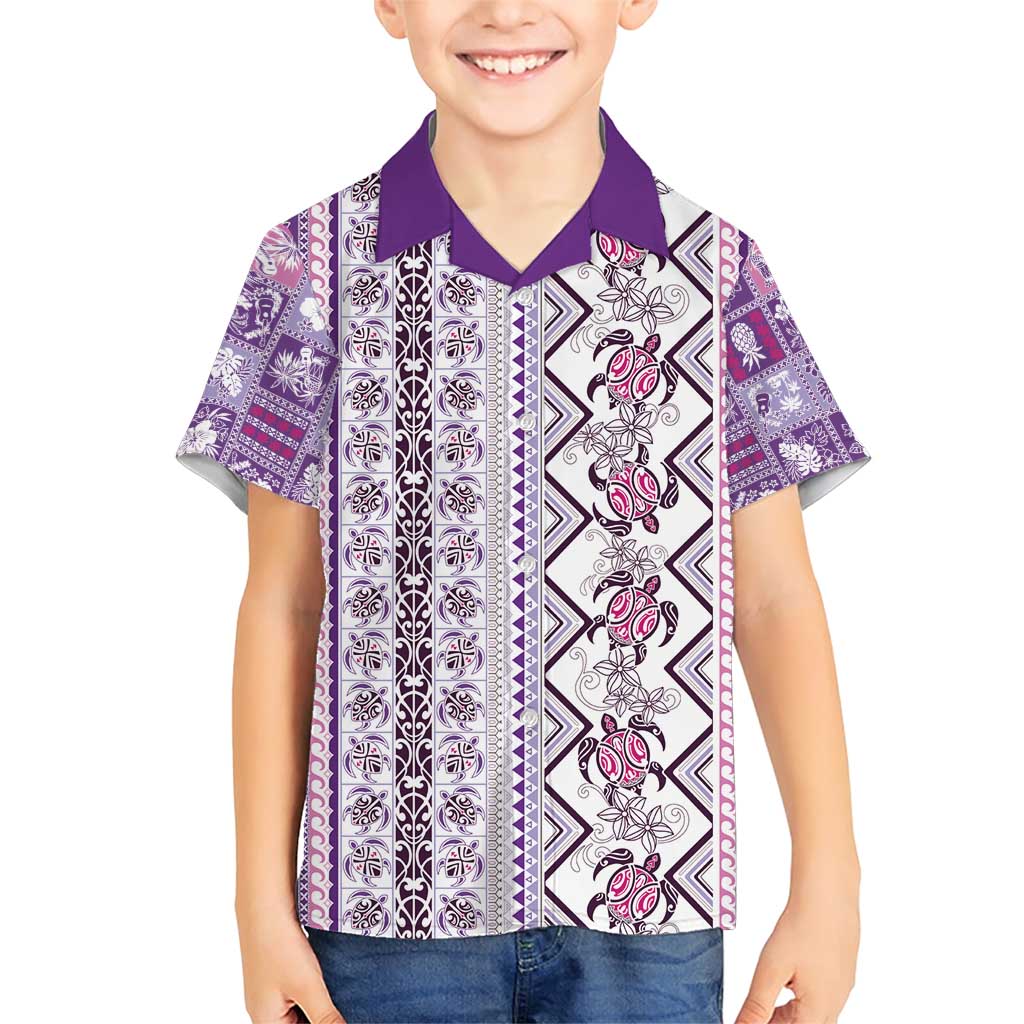 Hawaii Makahiki Turtle Family Matching Short Sleeve Bodycon Dress and Hawaiian Shirt Violet Tapa Pattern - Polynesian Pride
