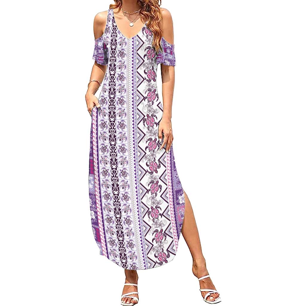 Hawaii Makahiki Turtle Family Matching Summer Maxi Dress and Hawaiian Shirt Violet Tapa Pattern - Polynesian Pride