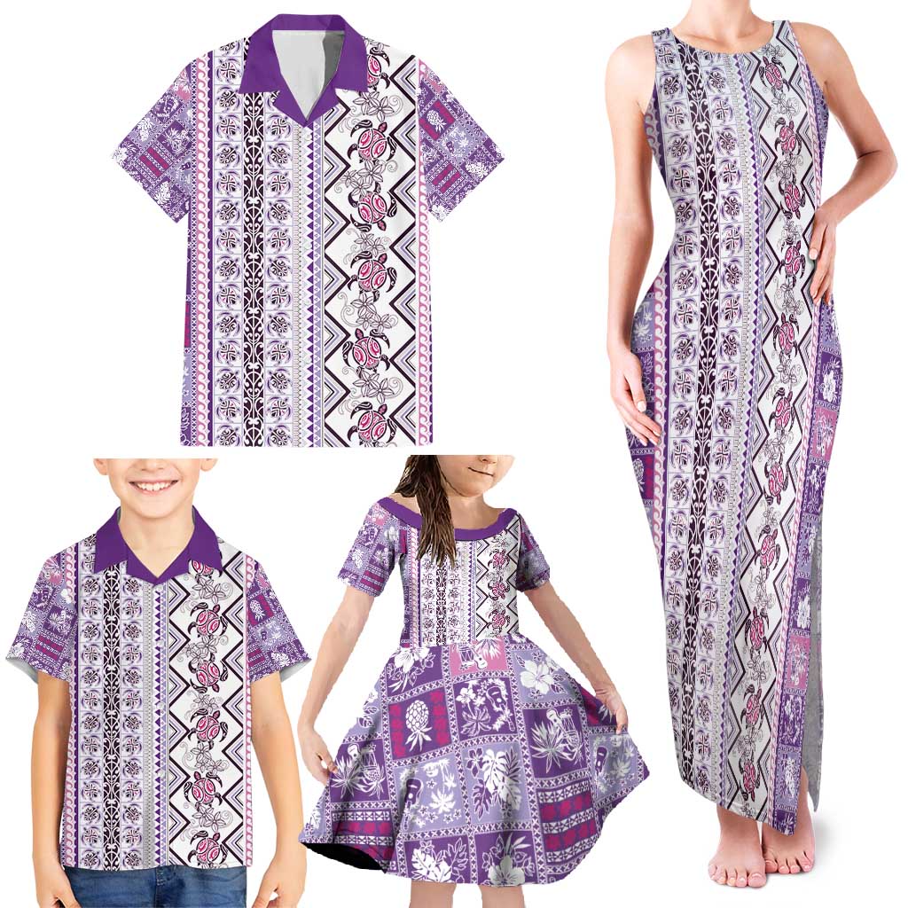 Hawaii Makahiki Turtle Family Matching Tank Maxi Dress and Hawaiian Shirt Violet Tapa Pattern - Polynesian Pride