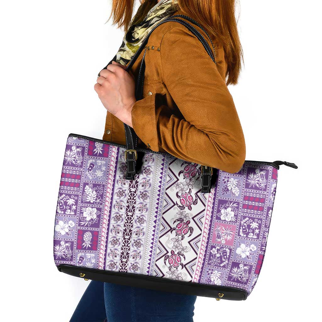Hawaii Makahiki Turtle Leather Tote Bag Violet Tapa Pattern LT05 Violet - Polynesian Pride