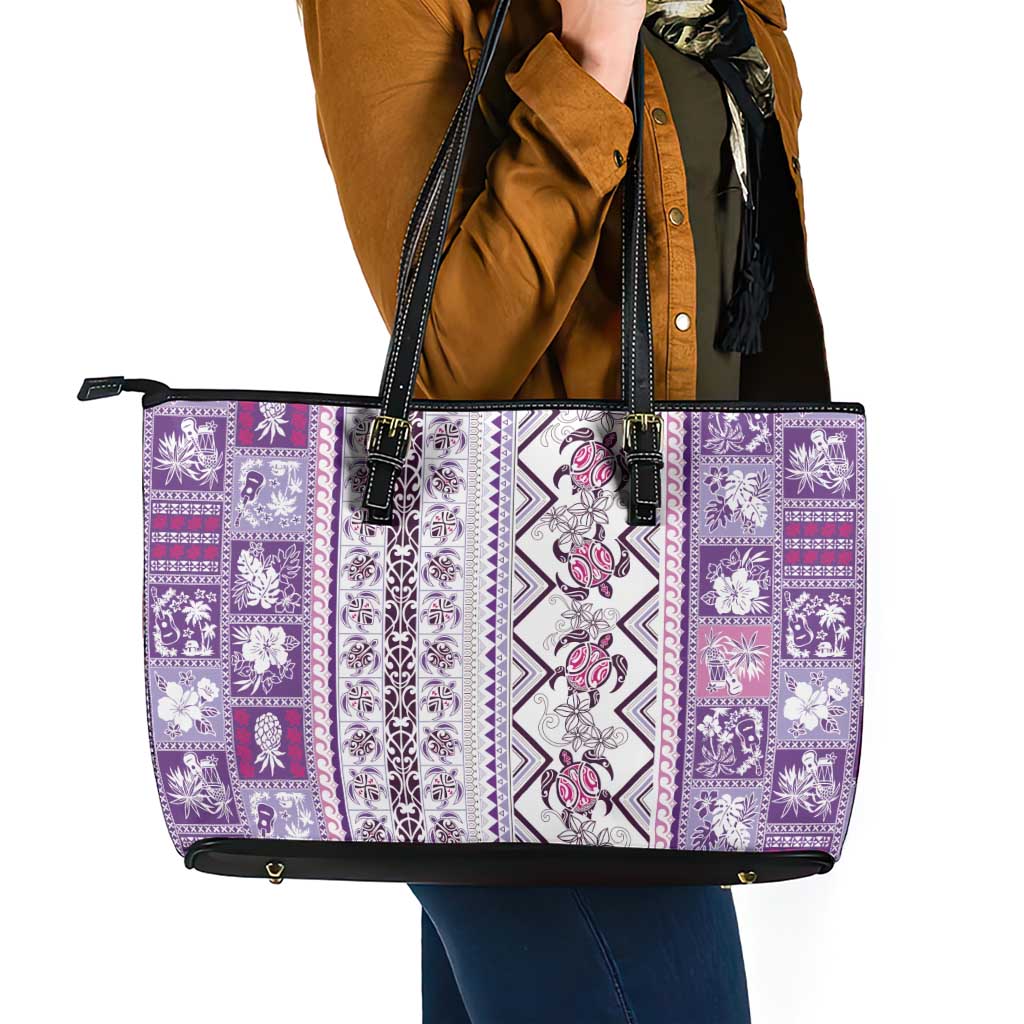 Hawaii Makahiki Turtle Leather Tote Bag Violet Tapa Pattern - Polynesian Pride