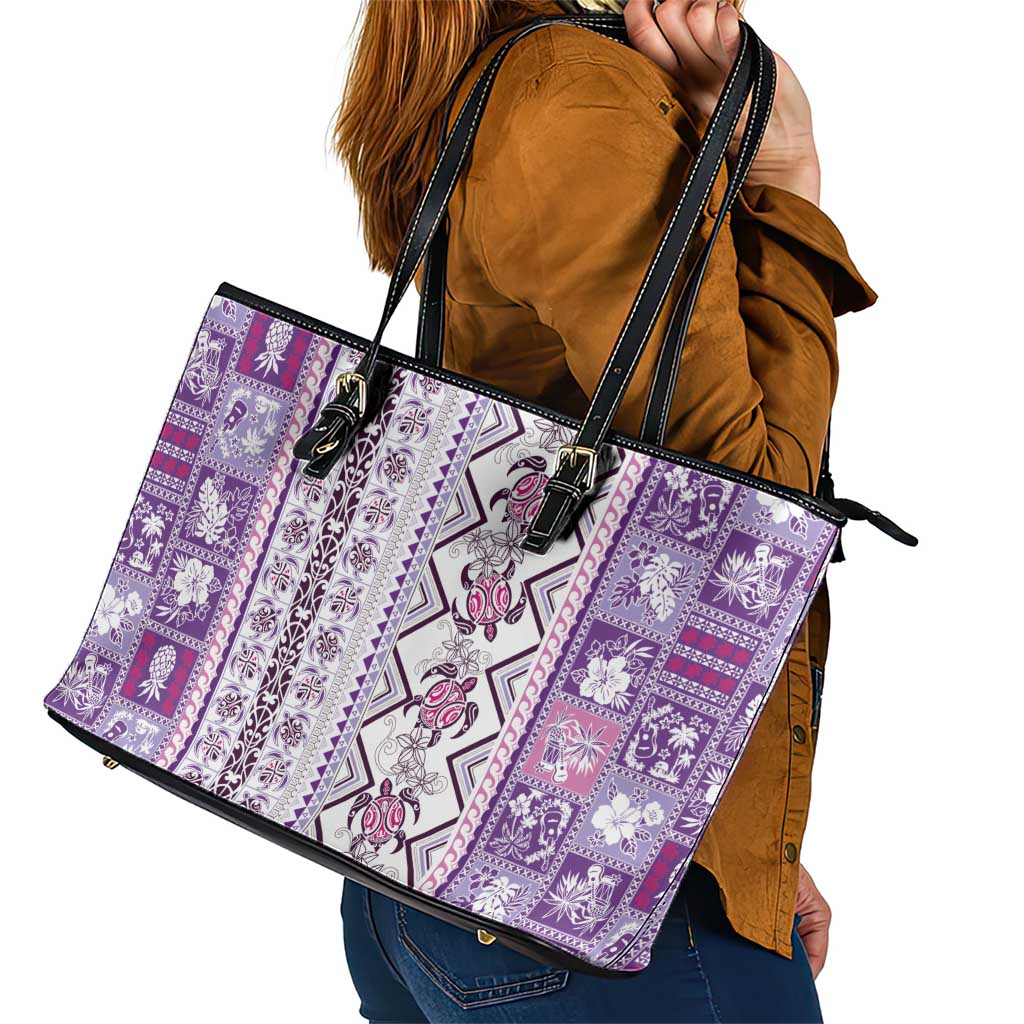 Hawaii Makahiki Turtle Leather Tote Bag Violet Tapa Pattern - Polynesian Pride