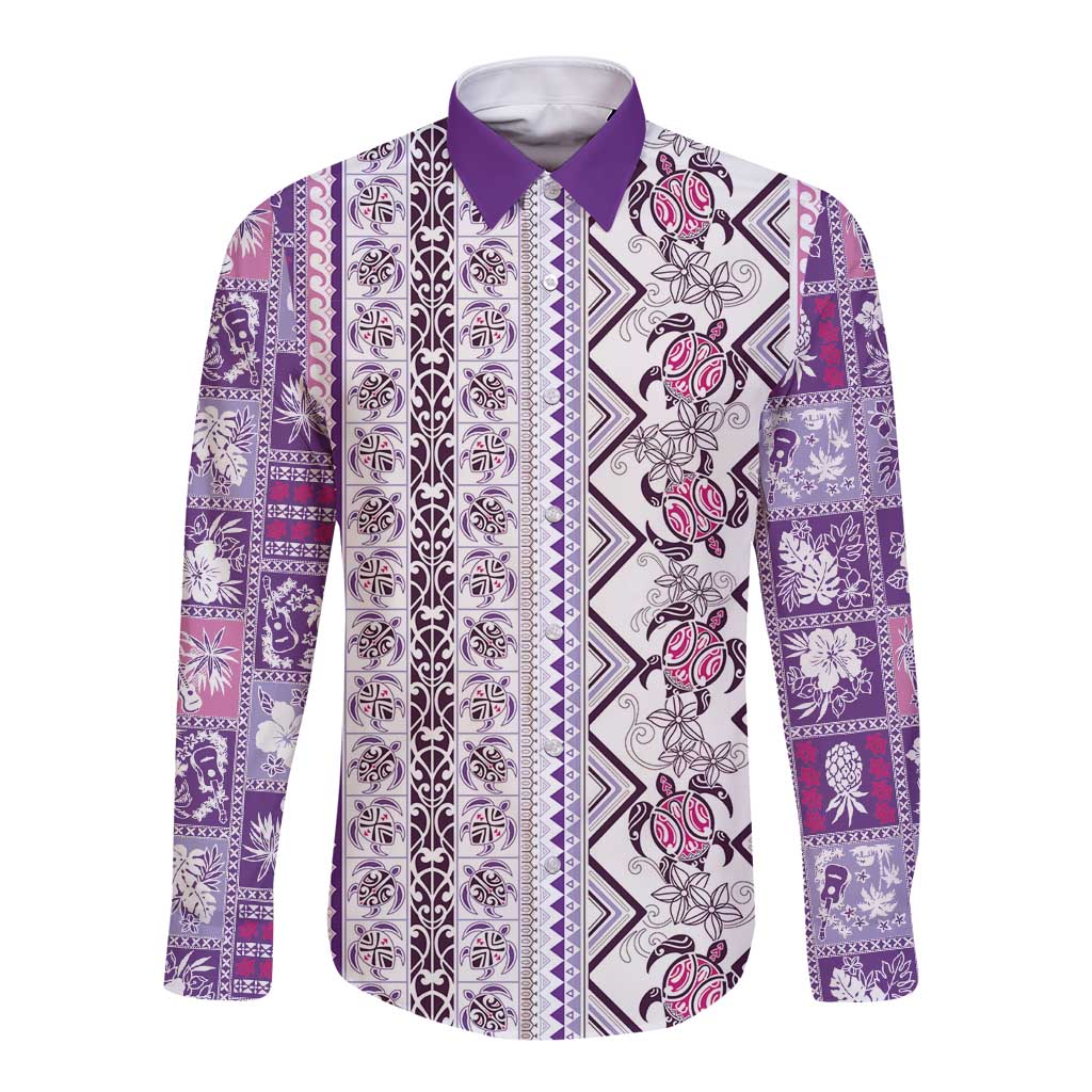 Hawaii Makahiki Turtle Long Sleeve Button Shirt Violet Tapa Pattern - Polynesian Pride