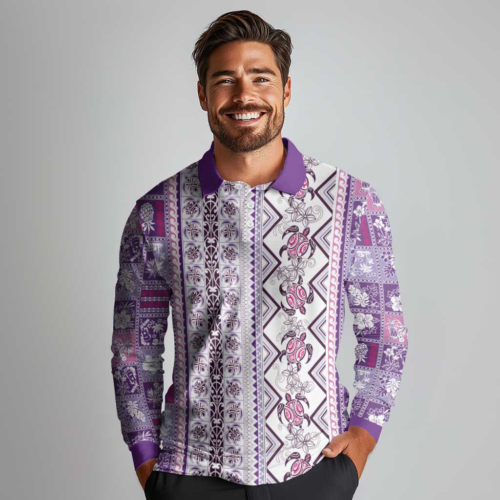 Hawaii Makahiki Turtle Long Sleeve Polo Shirt Violet Tapa Pattern - Polynesian Pride