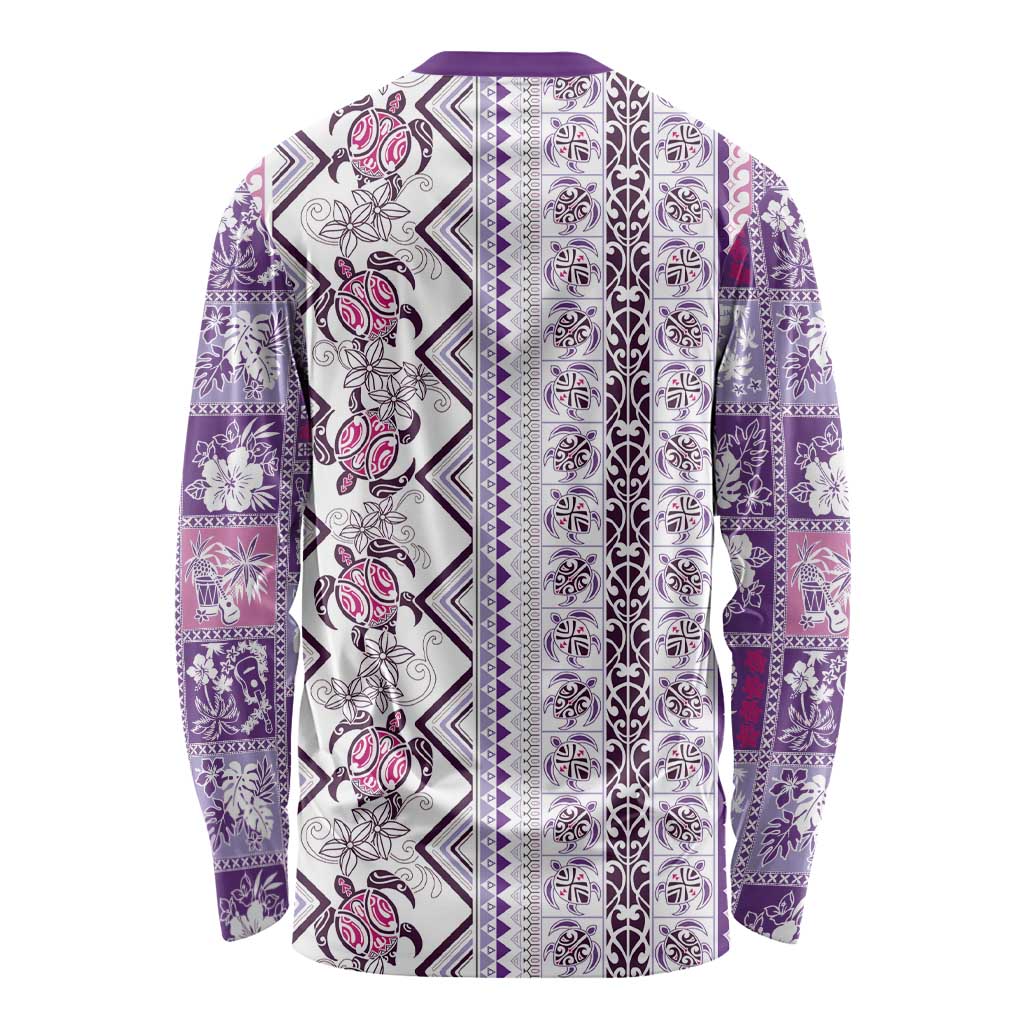 Hawaii Makahiki Turtle Long Sleeve Shirt Violet Tapa Pattern - Polynesian Pride