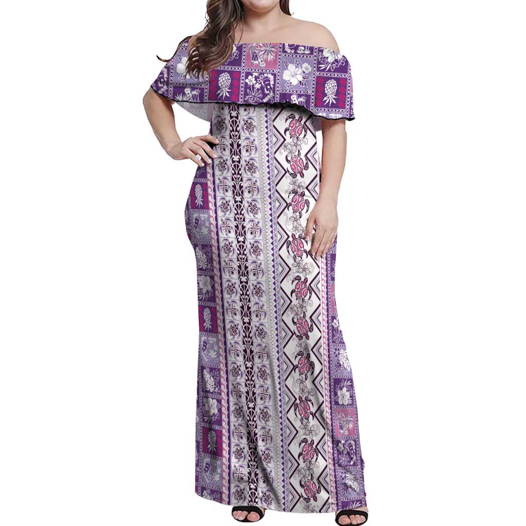 Hawaii Makahiki Turtle Off Shoulder Maxi Dress Violet Tapa Pattern - Polynesian Pride
