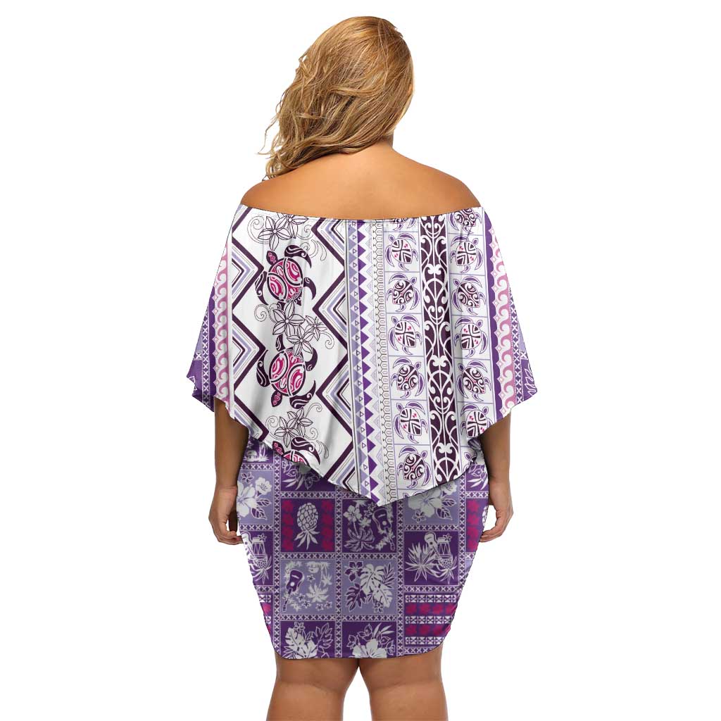 Hawaii Makahiki Turtle Off Shoulder Short Dress Violet Tapa Pattern - Polynesian Pride