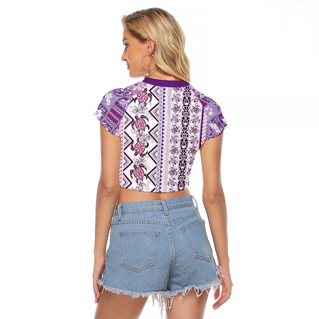 Hawaii Makahiki Turtle Raglan Cropped T Shirt Violet Tapa Pattern - Polynesian Pride