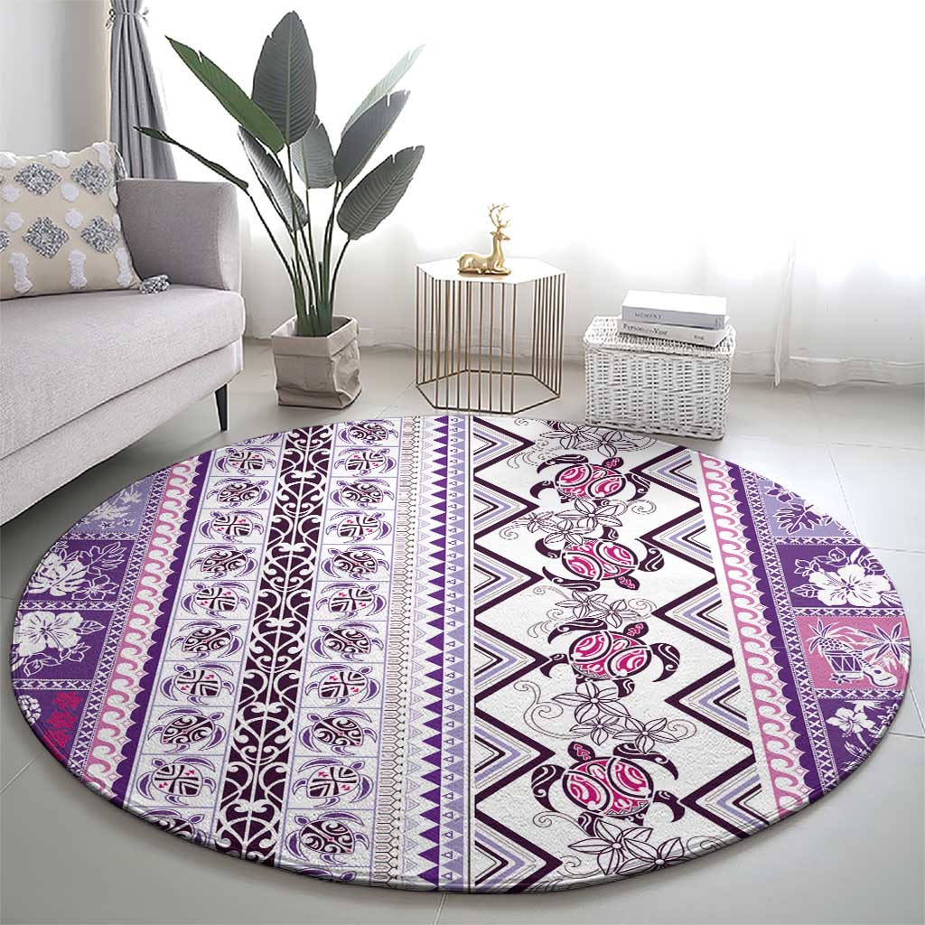 Hawaii Makahiki Turtle Round Carpet Violet Tapa Pattern - Polynesian Pride