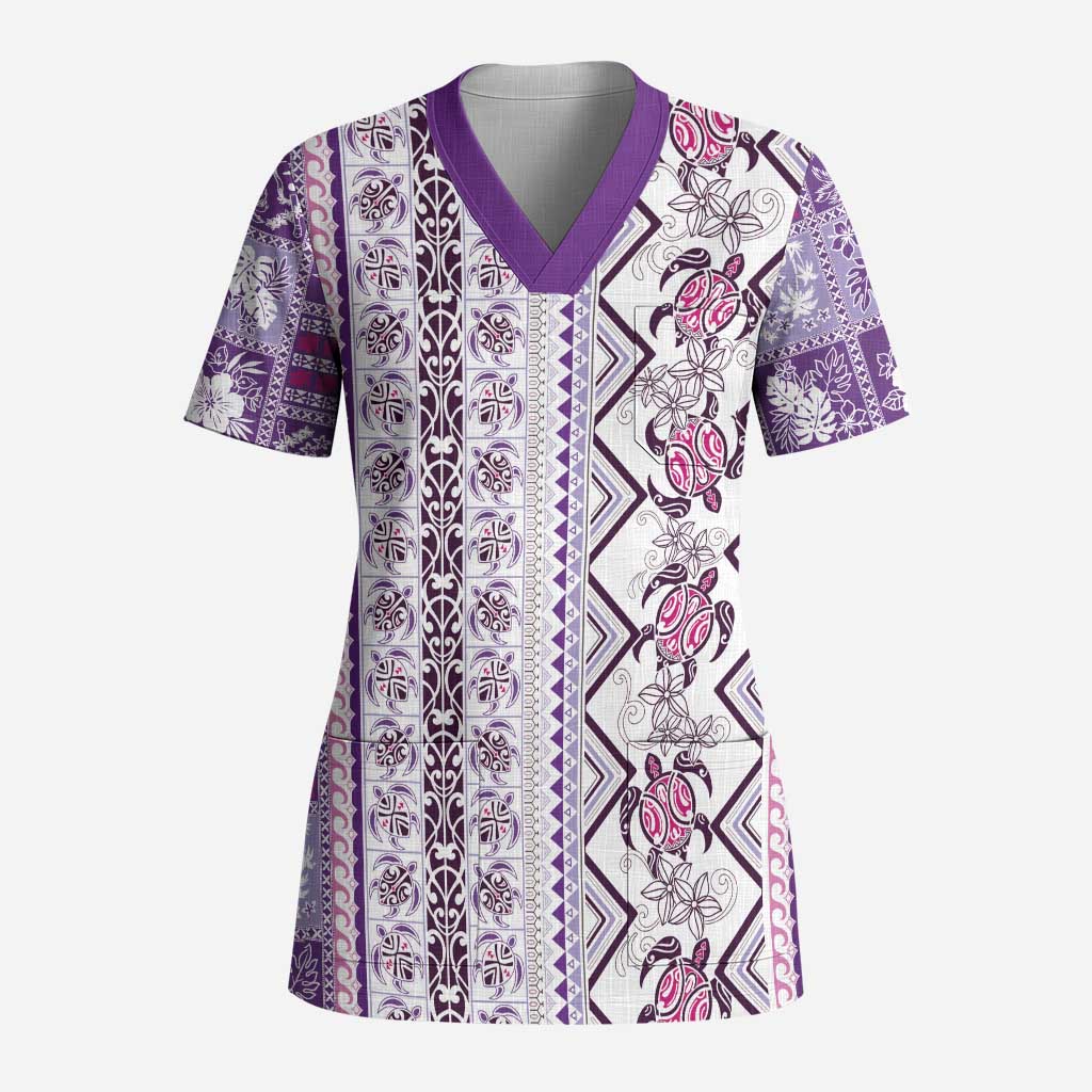 Hawaii Makahiki Turtle Scrub Top Violet Tapa Pattern LT05 Adult Violet - Polynesian Pride