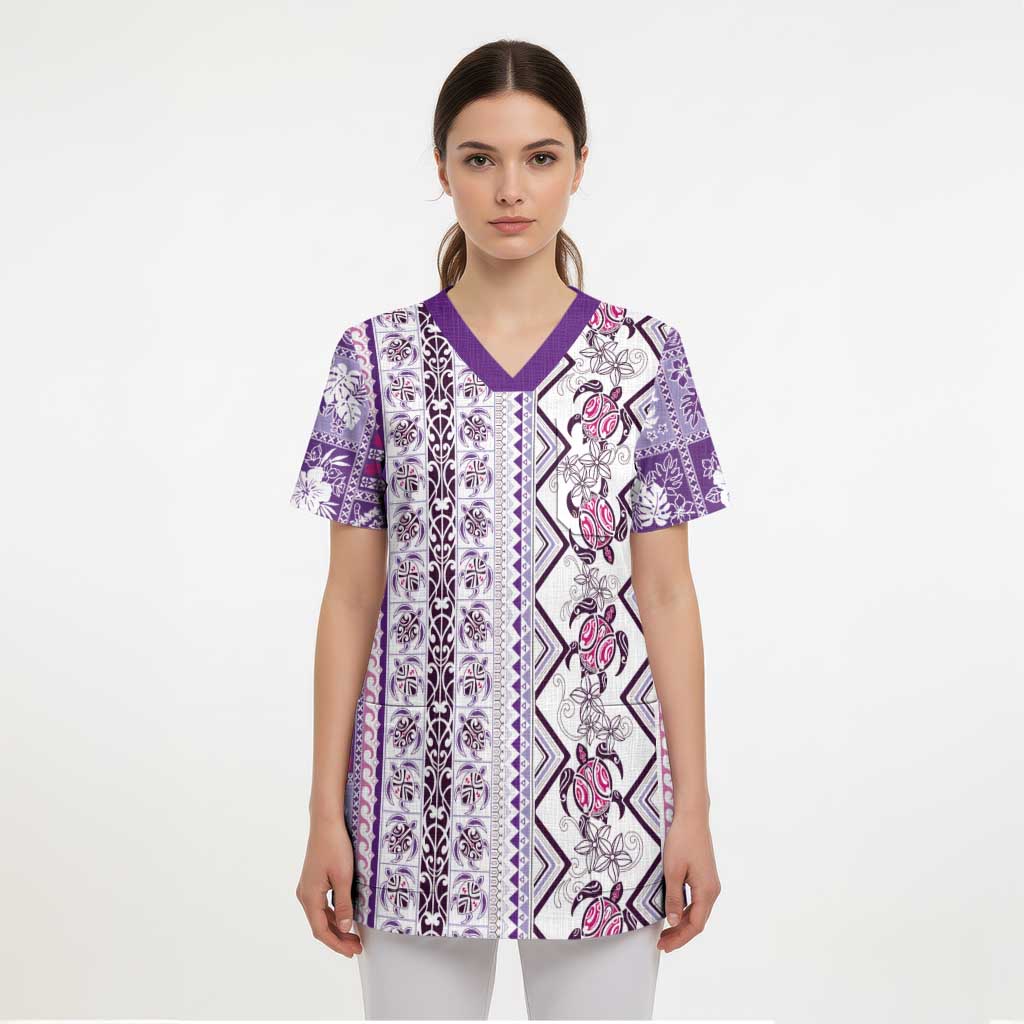 Hawaii Makahiki Turtle Scrub Top Violet Tapa Pattern - Polynesian Pride