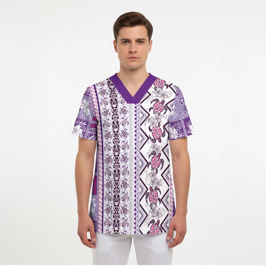 Hawaii Makahiki Turtle Scrub Top Violet Tapa Pattern - Polynesian Pride