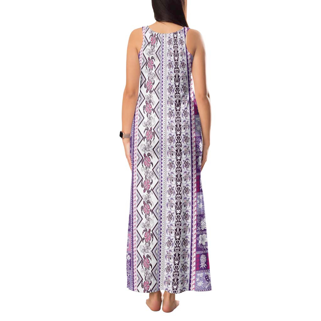 Hawaii Makahiki Turtle Tank Maxi Dress Violet Tapa Pattern - Polynesian Pride