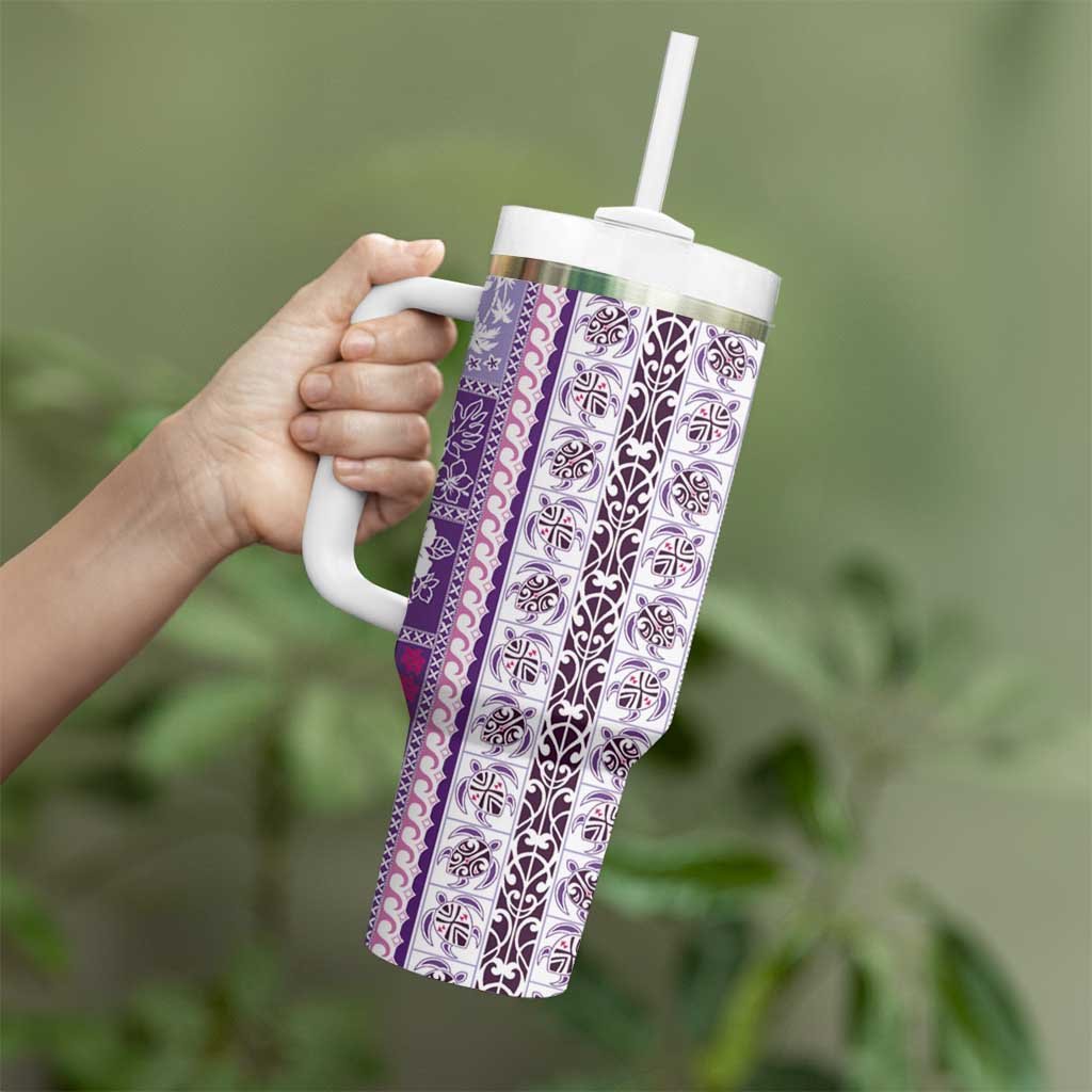 Hawaii Makahiki Turtle Tumbler With Handle Violet Tapa Pattern - Polynesian Pride