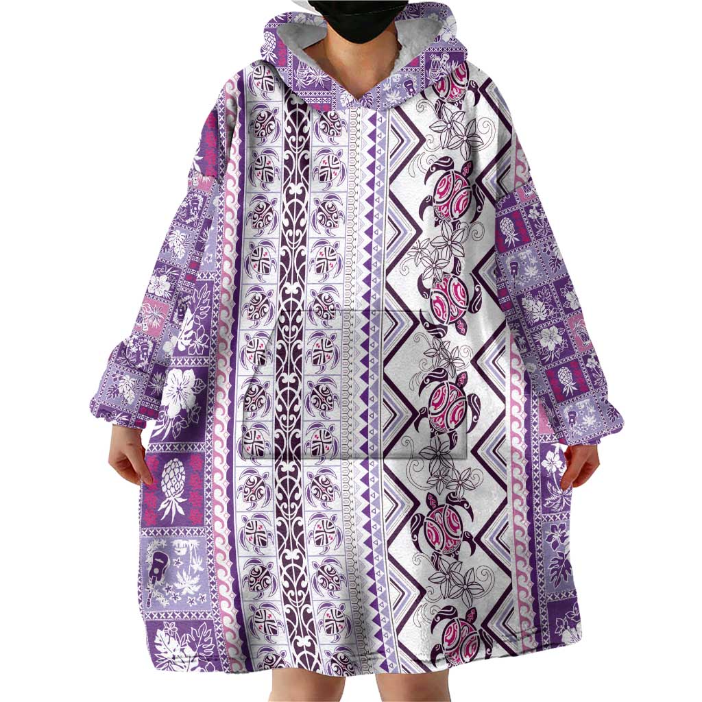 Hawaii Makahiki Turtle Wearable Blanket Hoodie Violet Tapa Pattern - Polynesian Pride