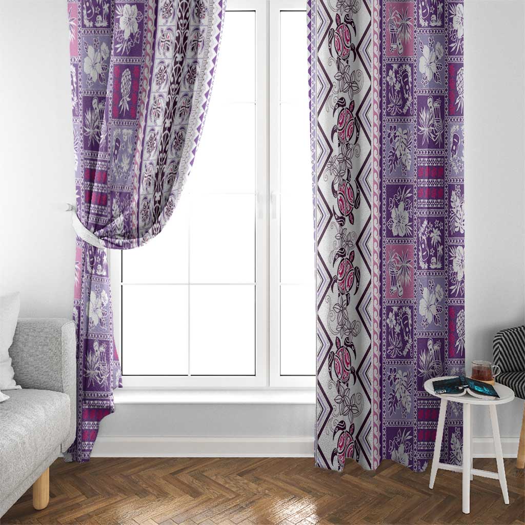 Hawaii Makahiki Turtle Window Curtain Violet Tapa Pattern - Polynesian Pride