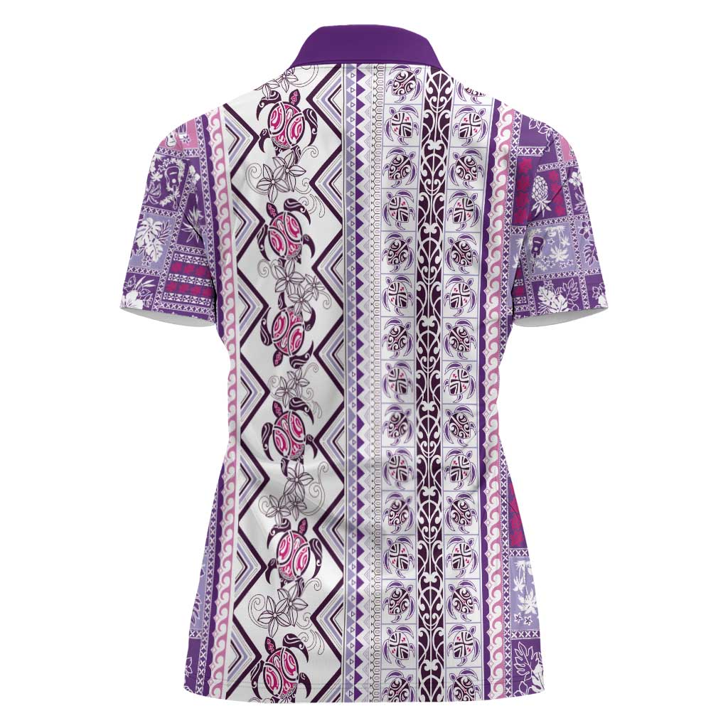 Hawaii Makahiki Turtle Women Polo Shirt Violet Tapa Pattern - Polynesian Pride