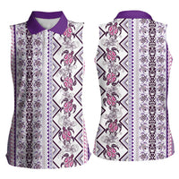 Hawaii Makahiki Turtle Women Sleeveless Polo Shirt Violet Tapa Pattern - Polynesian Pride