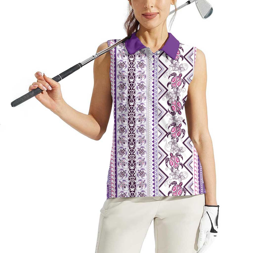 Hawaii Makahiki Turtle Women Sleeveless Polo Shirt Violet Tapa Pattern - Polynesian Pride