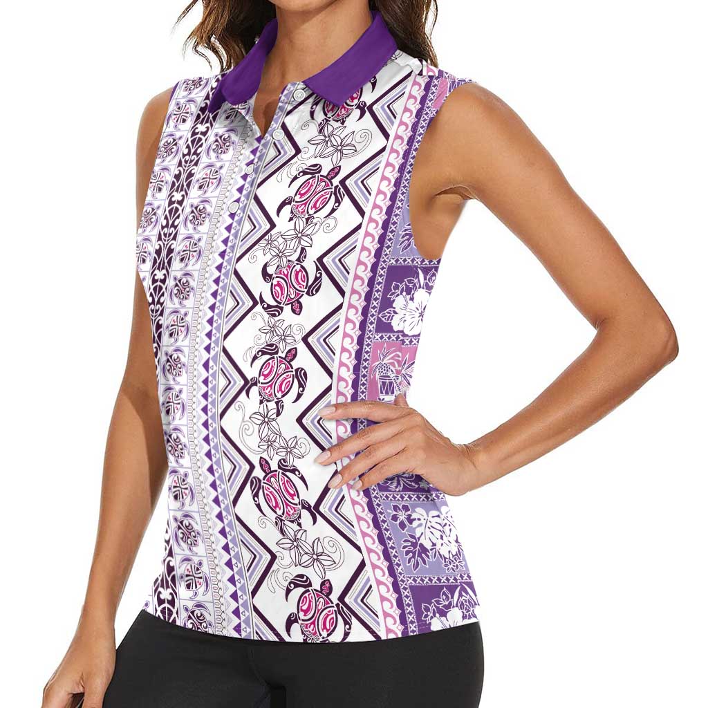 Hawaii Makahiki Turtle Women Sleeveless Polo Shirt Violet Tapa Pattern - Polynesian Pride