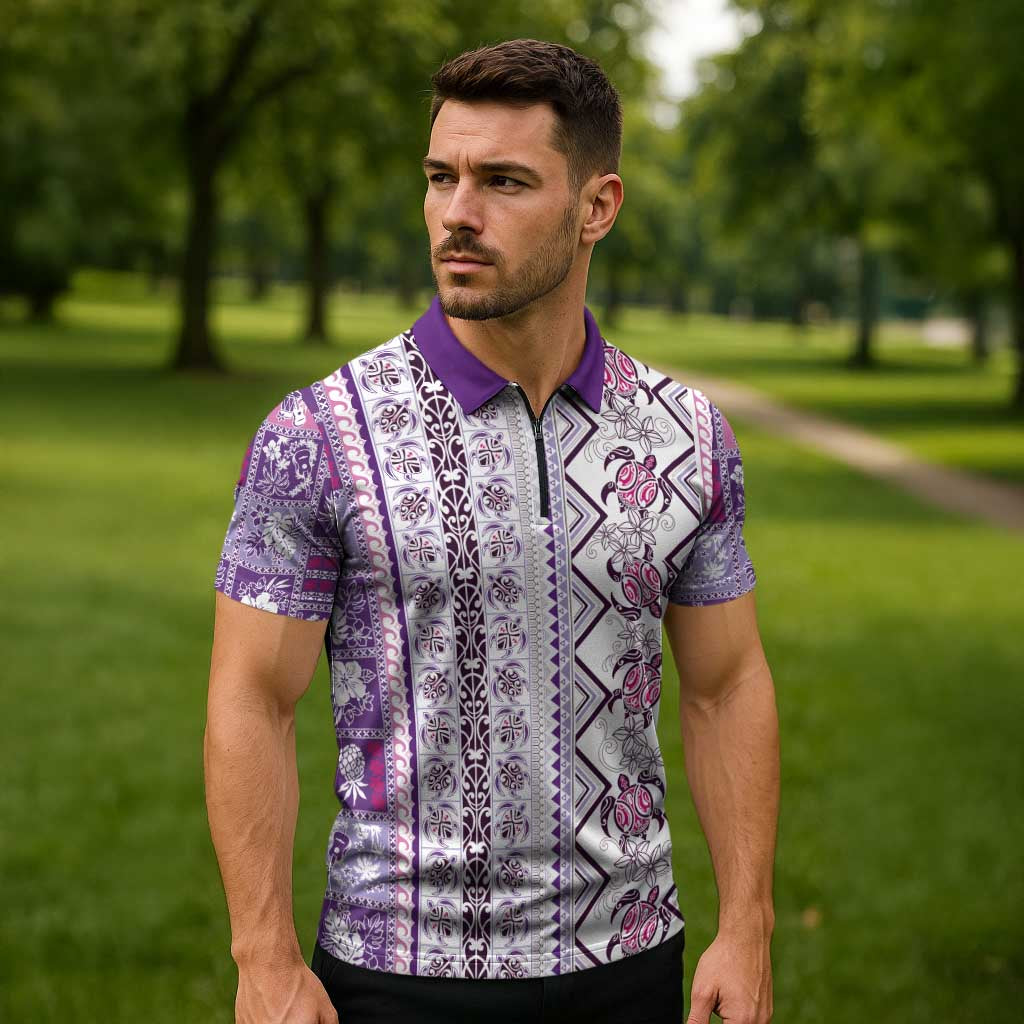 Hawaii Makahiki Turtle Zipper Polo Shirt Violet Tapa Pattern - Polynesian Pride