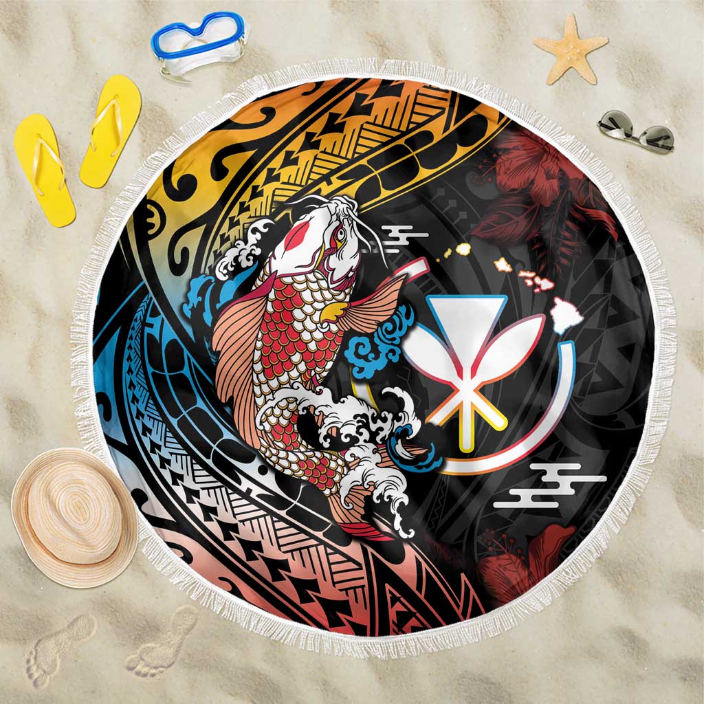 Hawaii And Japan Beach Blanket Koi Fish With Kanaka Maoli LT05 One Size 150cm Black - Polynesian Pride