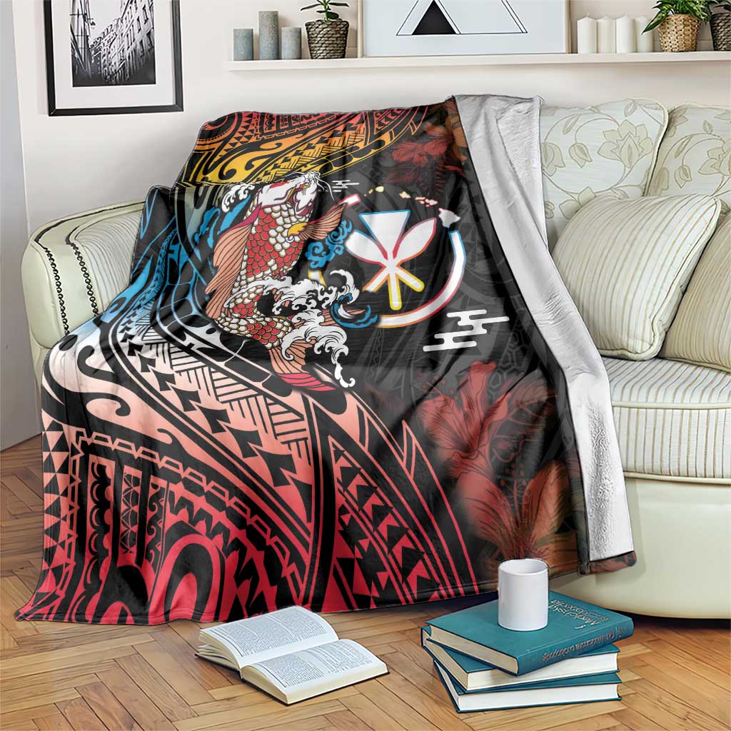 Hawaii And Japan Blanket Koi Fish With Kanaka Maoli LT05 Black - Polynesian Pride