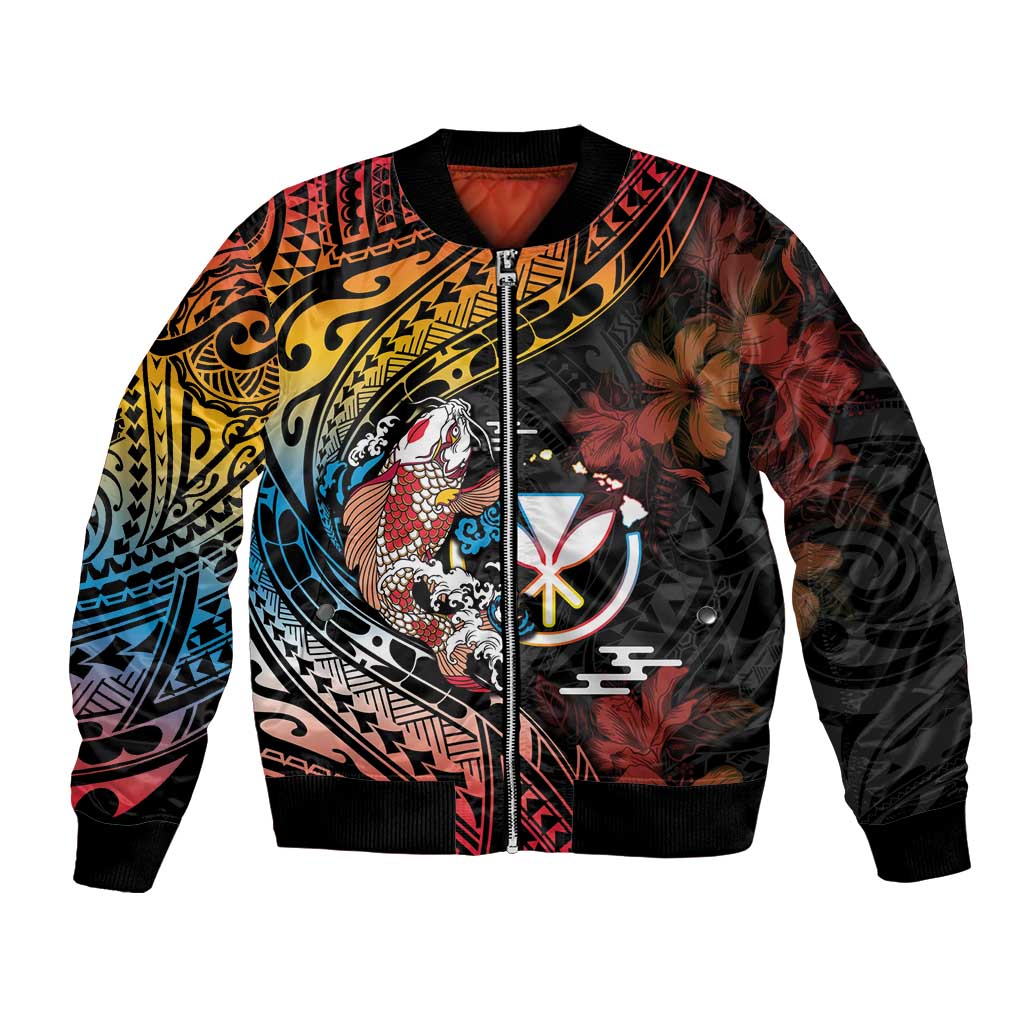 Hawaii And Japan Bomber Jacket Koi Fish With Kanaka Maoli LT05 Unisex Black - Polynesian Pride