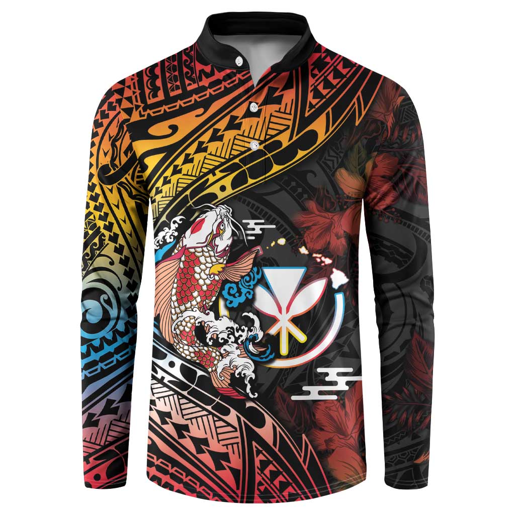 Hawaii And Japan Button Sweatshirt Koi Fish With Kanaka Maoli LT05 Black - Polynesian Pride